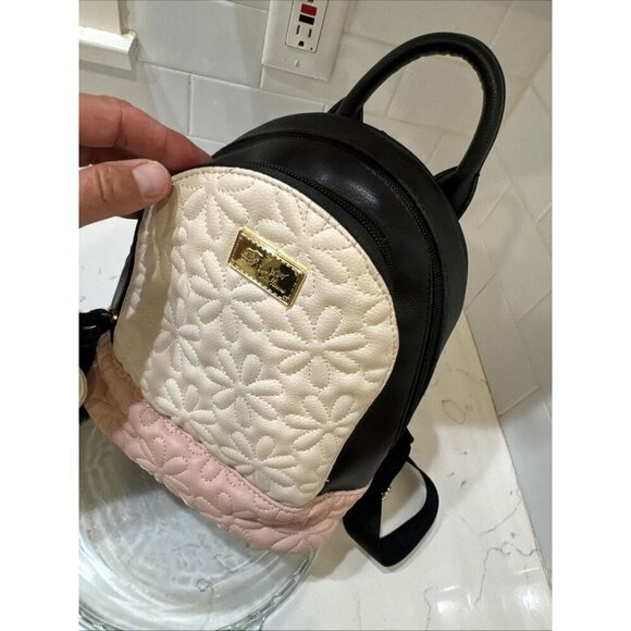 Betsy Johnson Mini Back Pack Black White Pink with Embroidered Flower Logo - Picture 4 of 10